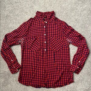 Red and Navy Blue Plaid Button-Up Women’s Shirt